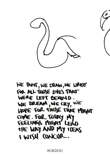 Handwritten text by ROKZOG next to a flamingo drawing