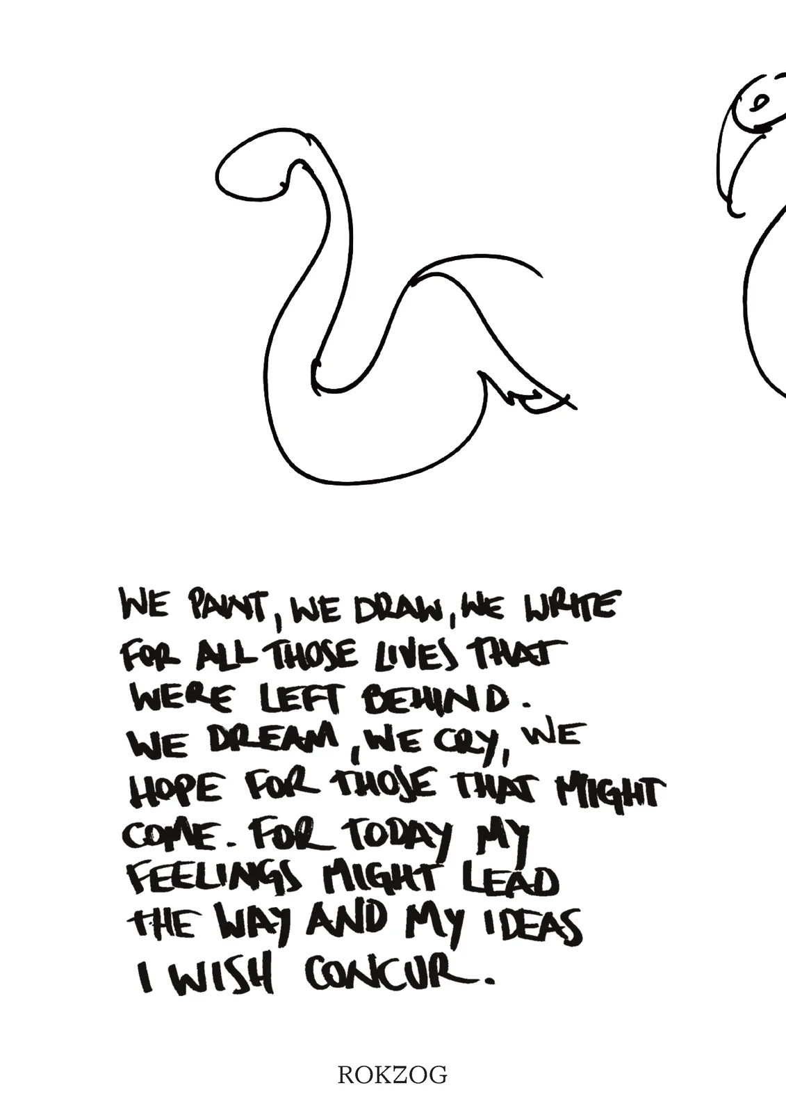 Handwritten text by ROKZOG next to a flamingo drawing